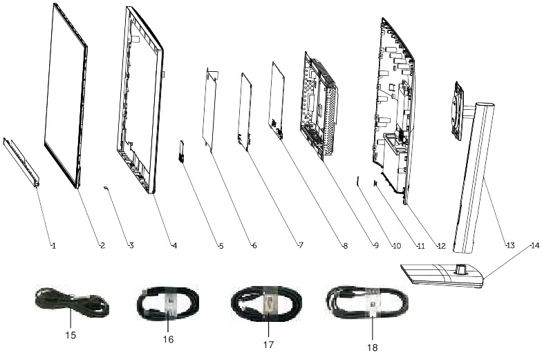 Dell - P3223QE - Exploded view-diagram met lijst van items Exploded view-diagram met lijst van items