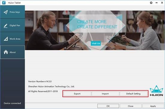 Huion - Kamvas Pro13 - Gegevens exporteren en importeren Gegevens exporteren en importeren