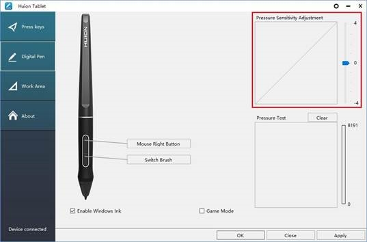 Huion - Kamvas Pro13 - Instelling drukgevoeligheid Instelling drukgevoeligheid