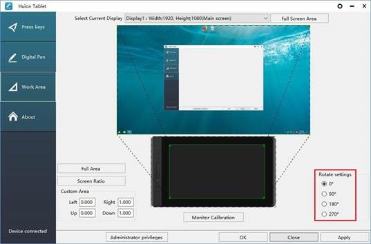 Huion - Kamvas Pro13 - Werkgebiedinstelling - Werkgebied roteren Werkgebiedinstelling - Werkgebied roteren