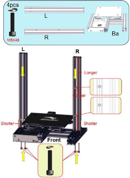 Installeer aluminium extrusies (L) en (R) op basis (Ba)