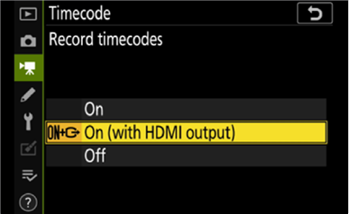 Schakel Record timecodes in the camera (Timecodes opnemen in de camera) in stap 2