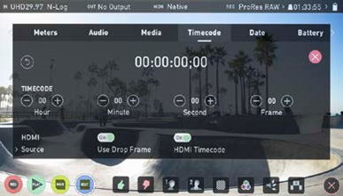 Selecteer Timecode > Source > HDMI op de Ninja V