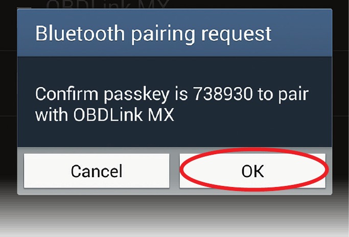 Tik op 'OK' in het dialoogvenster 'Bluetooth pairing request' (Bluetooth-koppelingsverzoek) Stap 1