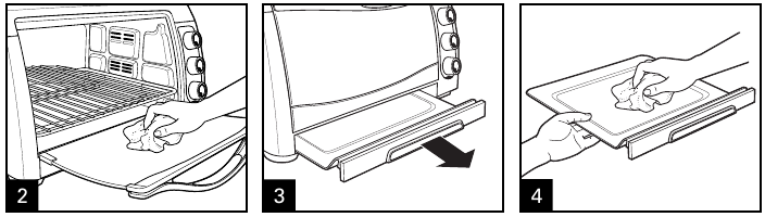 Om de binnenkant van de oven schoon te maken, veegt u de ovenwanden, de bodem van de oven en de glazen deur af met een vochtige, zeepachtige doek