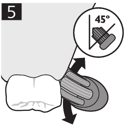 Afbeelding van de tandenborstel die onder een hoek van 45 graden op de tanden wordt geplaatst