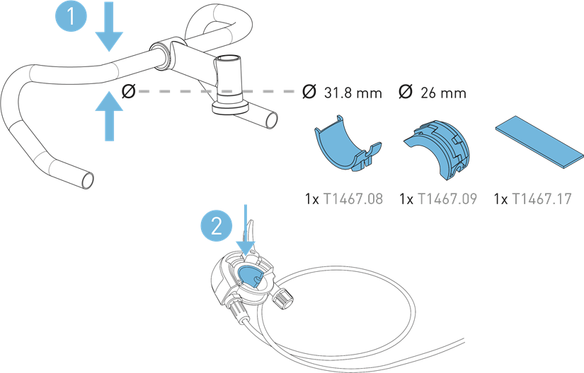 Meet de diameter van het stuur en plaats de juiste insert