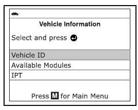 Het menu Voertuiginformatie met Voertuig-ID, Beschikbare modules en IPT gemarkeerd.