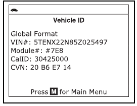 Scherm Voertuig-ID met VIN, Mod-ID, Cal-ID en CVN-informatie.