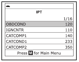 Scherm In-use Performance Tracking met XXXCOND, XXXCOMP, OBDCOND en IGNCNTR-informatie.