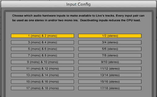 Twee ingangen ingeschakeld in de audio-voorkeuren van Ableton Live Lite.