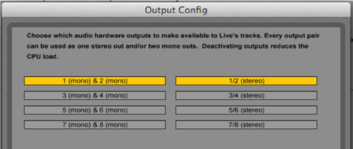 Twee uitgangen ingeschakeld in de audio-voorkeuren van Ableton Live Lite.
