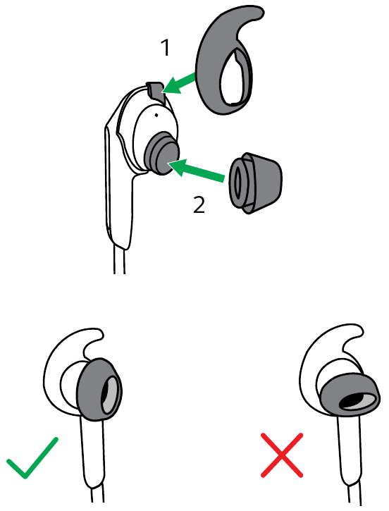 De EarWings en EarGels bevestigen