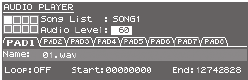 AUDIO PLAYER scherm met verschillende parameters