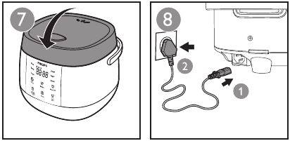 Sluit het deksel van de multicooker en steek de stekker in het stopcontact.