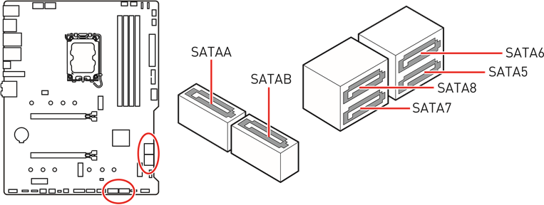 SATA5~8 & SATAA~B: SATA 6Gb/s-connectoren