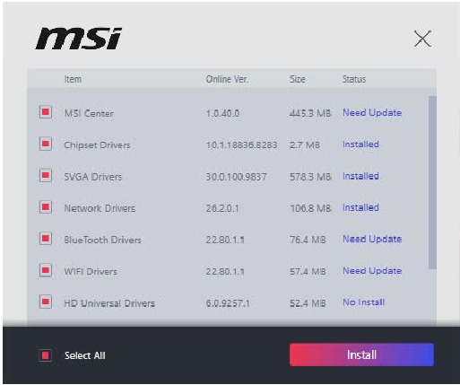 OS, stuurprogramma's en MSI Center installeren - Stap 2