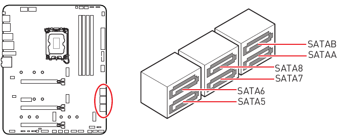 SATA5~8 & SATAA~B: SATA 6Gb/s-connectoren