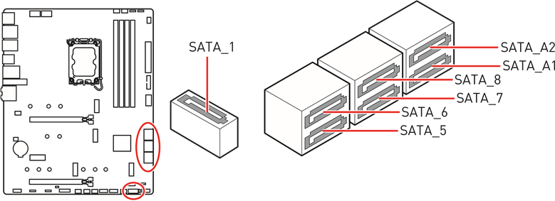 SATA_1, SATA_5~6, SATA_7~8 & SATA_A1~A2: SATA 6Gb/s-connectoren