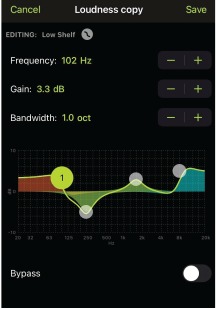 Screenshot van de Equalizer-parameters in de ShurePlus PLAY app