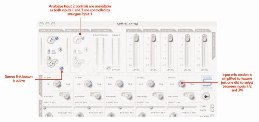 Focusrite - Saffire - Session Management & Advanced Settings Software - Stereo link button bedieningselementen
