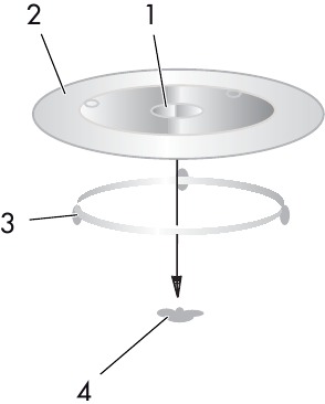 Onderdelen van de draaischijf: naaf, glazen draaiplateau, draaiplateau-as en draaiplateau-ringmontage.