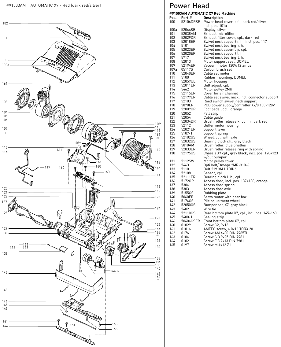 AUTOMATIC X7 SCHEMATISCHE WEERGAVE EN ONDERDELENLIJST