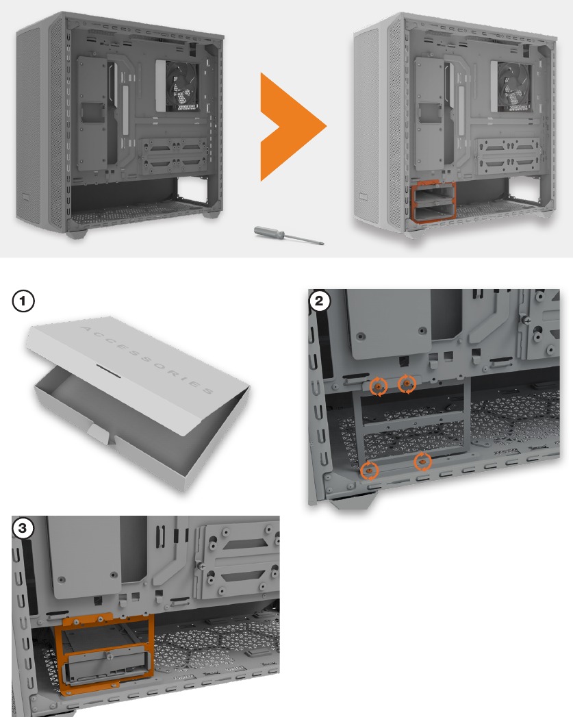 INSTALLATIE VAN DE DUBBELE HDD-BEUGEL BIJ GEBRUIK VAN GROTERE PSU'S