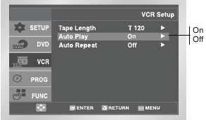 Afbeelding van het VCR-menu met de opties voor automatisch afspelen gemarkeerd.