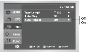 Afbeelding van het VCR-menu met de opties voor automatisch herhalen gemarkeerd.