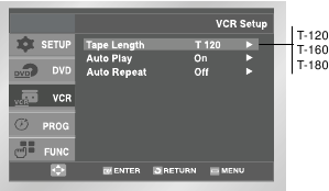 Afbeelding van het VCR-menu met de opties voor bandlengte gemarkeerd.