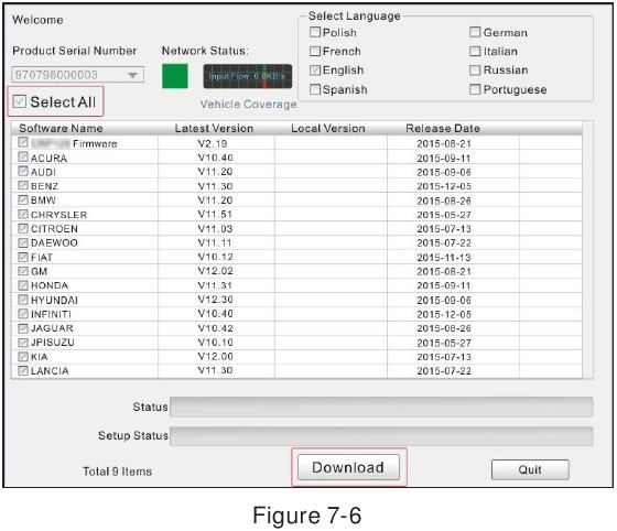Selecteer alle updates scherm op FX2000 update tool