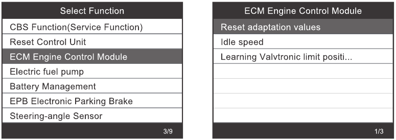 Speciale functies - ECM-menu motorregeleenheid