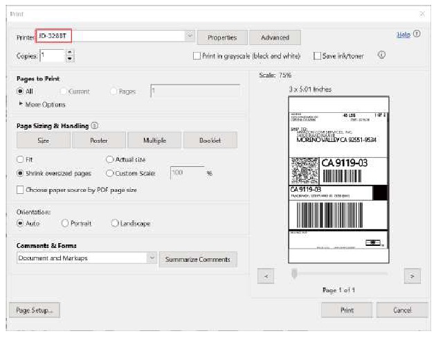 Open een PDF-bestand met Adobe, klik op 'afdrukken', zorg ervoor dat u de juiste printer(JD-328BT) kiest. (Als u een Word-bestand wilt afdrukken, zet het dan over naar een PDF-bestand voor de beste kwaliteit.)
