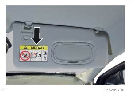 Label aan de zonneklep met waarschuwing tegen gebruik van kinderzitjes naar achteren gericht met actieve airbag