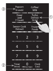 Druk in volgorde op Turbo Defrost - Timer (Meer) - Popcorn, het venster knippert  , of steek de stekker van de oven opnieuw in het stopcontact. Beide manieren kunnen de functie opnieuw activeren.