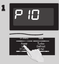 Druk op Power Level totdat het gewenste vermogensniveau in het display verschijnt. P10 is het hoogste en P1 is het laagste. P0 is de warmhoudfunctie.