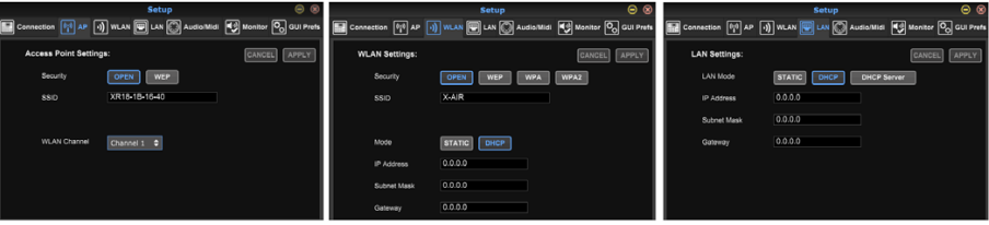 Setup Menu - Access Point, WLAN, LAN Tabs