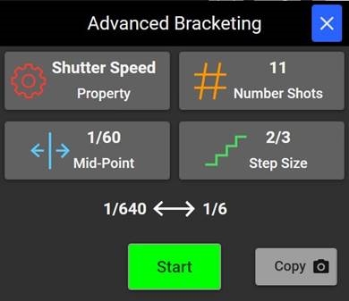 CamRanger 2-applicatie - HDR/Geavanceerd bracketing-tabblad