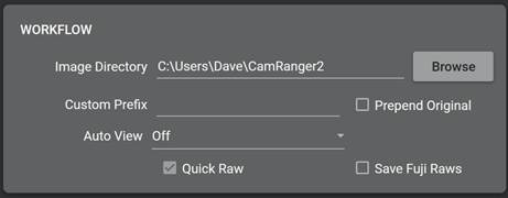 CamRanger 2-toepassing - Voorkeuren - Workflow