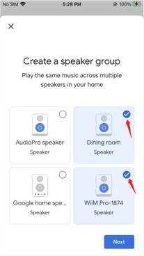 Google Home App-scherm met opties voor het maken van een luidsprekergroep.