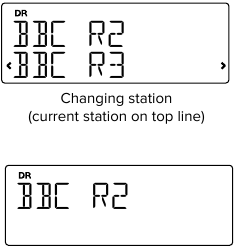 Selecteer de knop om door de beschikbare stations te bladeren en druk op de knop om de zender te wijzigen.