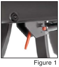 Rode hendel aan de basis van het rugframe