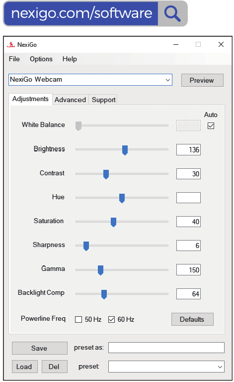 NEXICO WEBCAM-INSTELLINGEN SOFTWARE
