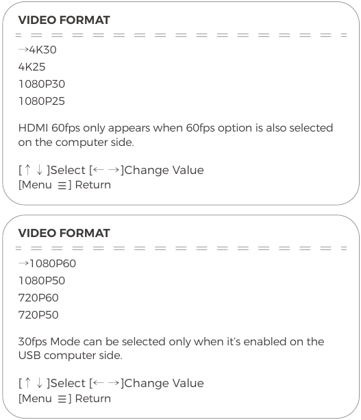 ON-SCREEN DISPLAY MENU - HDMI VIDEO FORMAT