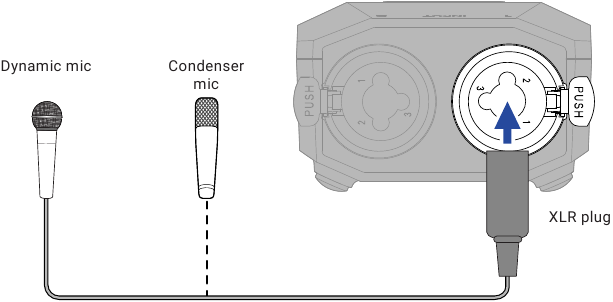Dynamische/condensatormicrofoons aansluiten - Stap 1