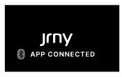 Blauw Bluetooth-logo + JRNY-pictogram + 'APP VERBONDEN'