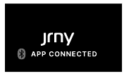 Blauw Bluetooth-logo + JRNY-pictogram + 'APP VERBONDEN'