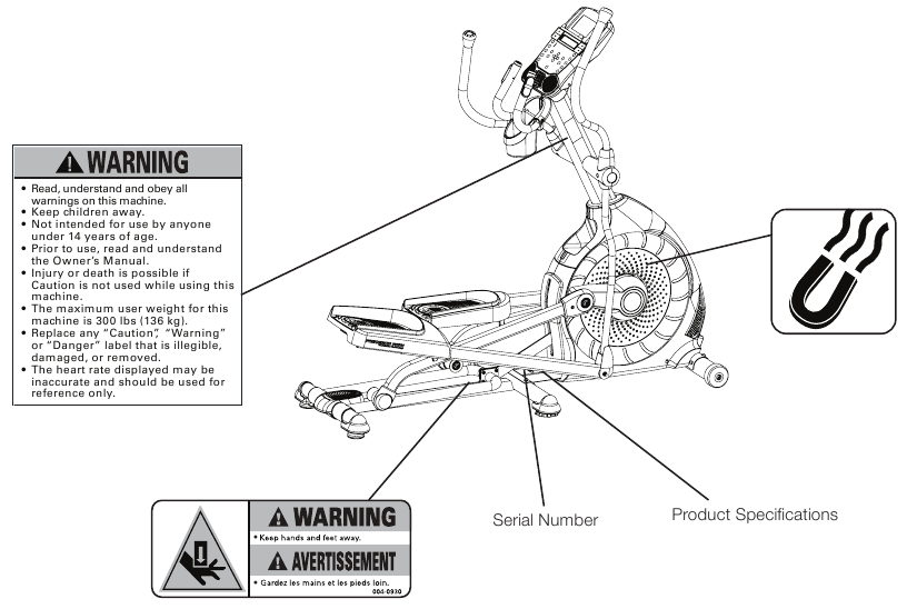 Locatie van waarschuwingslabels en serienummer op de Schwinn 470i Elliptical