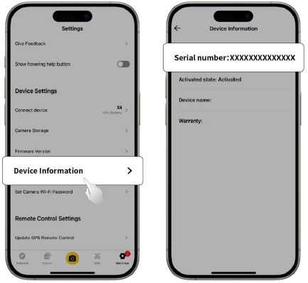 Je serienummer vinden - Manier 1 - Insta360-app
